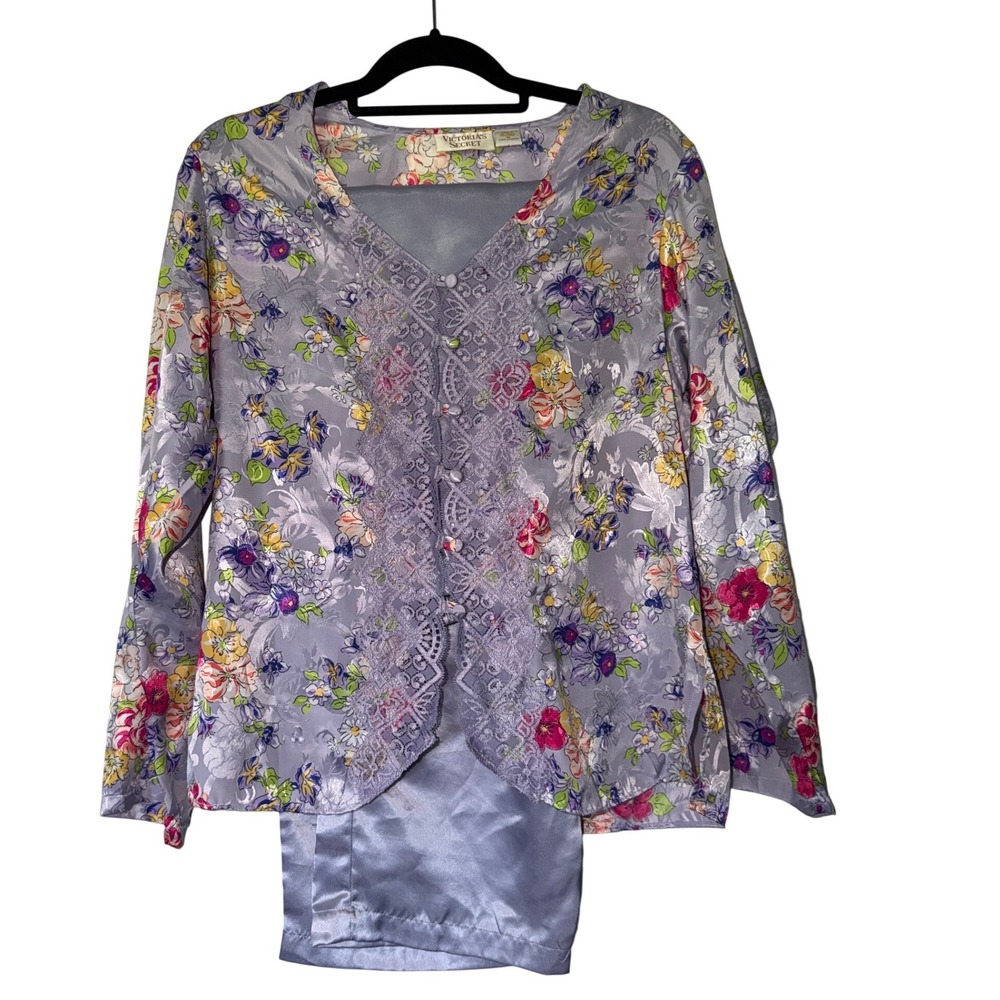 Victorias Secret Vintage Gold Label Satin Pajama Set Floral Lavender Purple‎ M